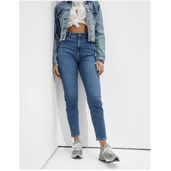 American Eagle Stretch Mom Jeans Classic Blue High Rise Tapered Ankle Length 0 - Picture 1 of 16